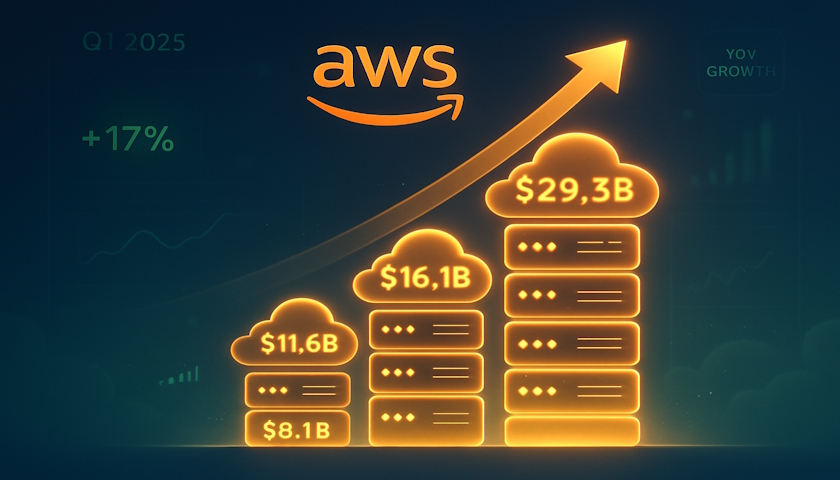 AWS dosáhl tržeb 29,3 miliardy dolarů za 1. čtvrtletí 2025, meziroční nárůst o 17 %