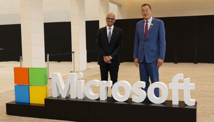 Microsoft CEO Satya Nadella, left, and Prime Minister of Thailand Srettha Thavisin, right.